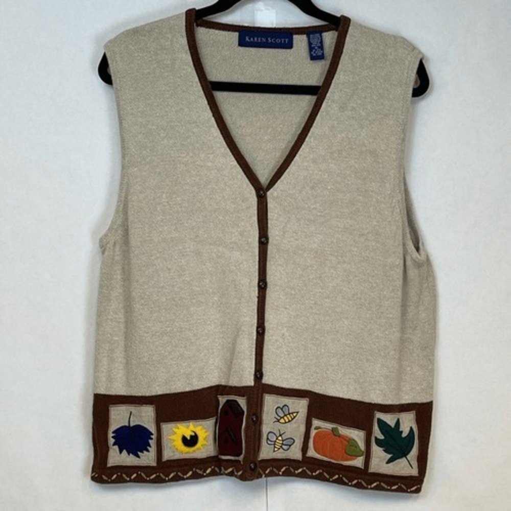 Vintage Grandma Sweater Vest Women XL Beige Fall Patchwork Knit V-Neck Whimsy
